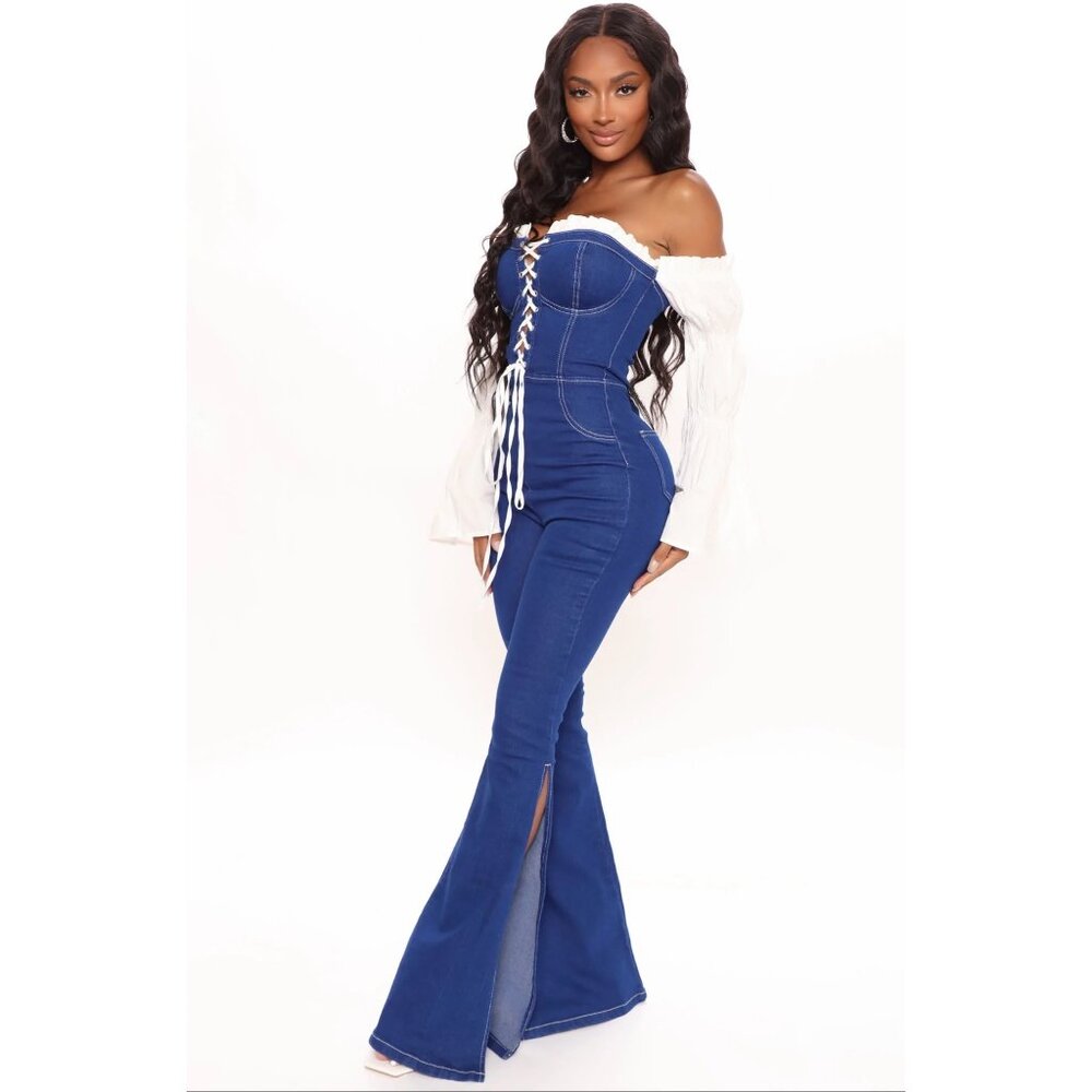 Fashion Nova ✦ Blue White Lace‑Up Denim Jumpsuit ✦ Off‑Shoulder High‑Slit L NWT - Picture 3 of 8